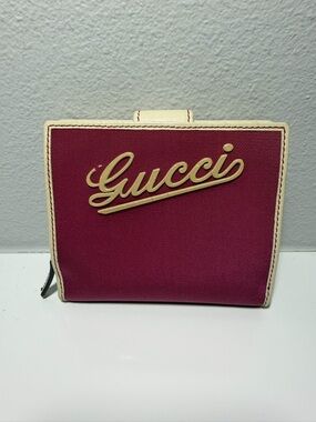 Gucci Raspberry Canvas Wallet with Cream Trim and Script Logo